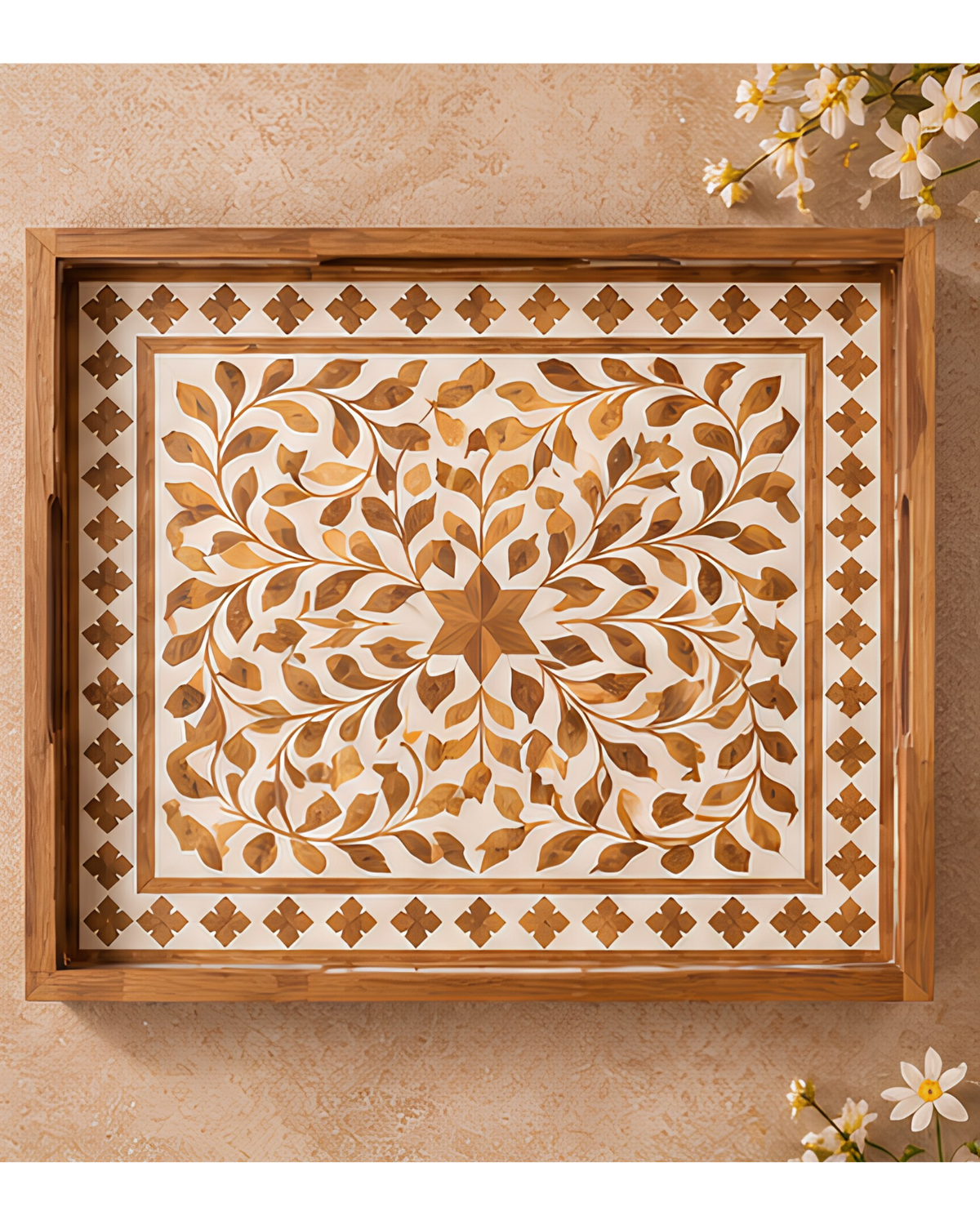 Wood Inlay Rectangular Serving Tray