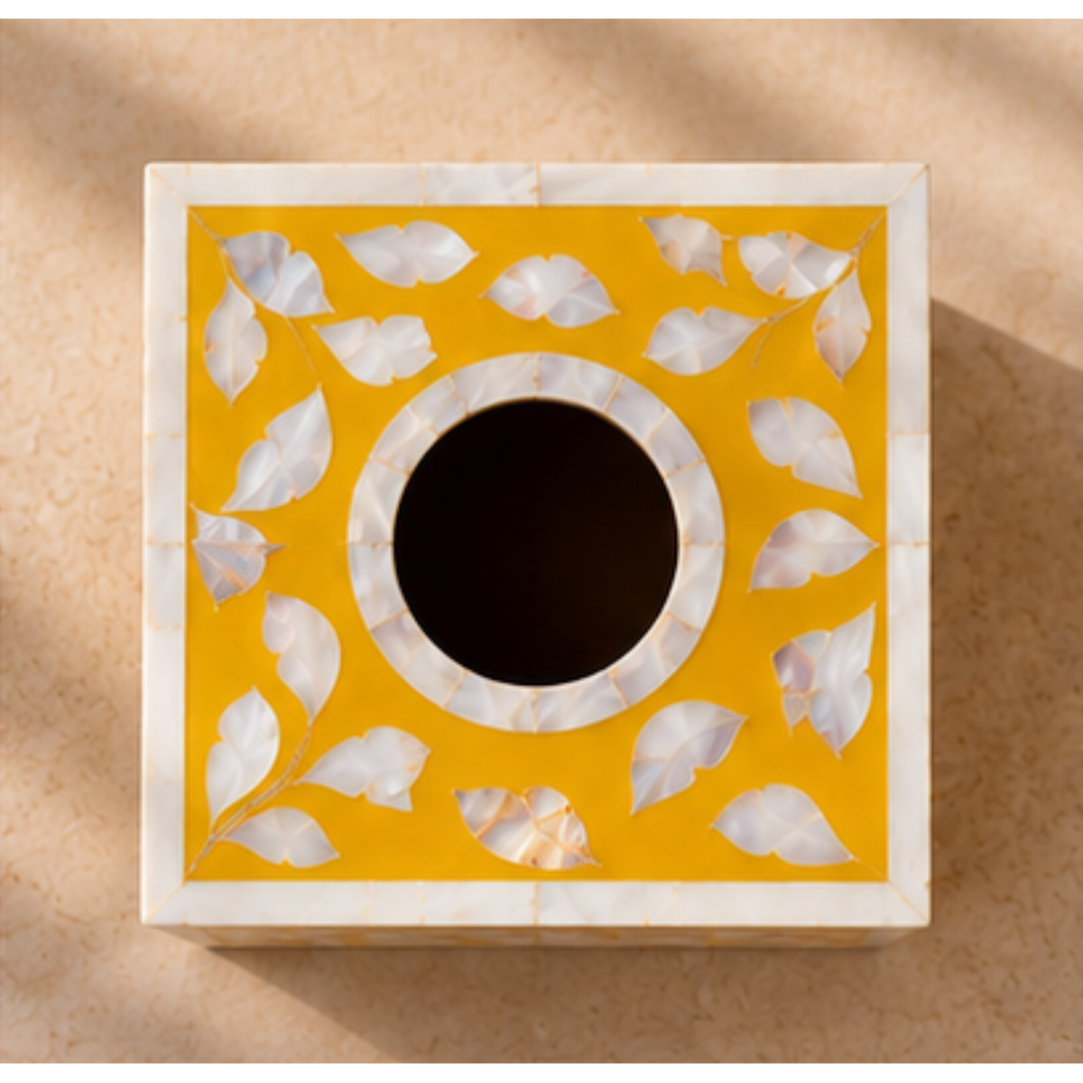 Saffron Gold mother of pearl inlay tissue box cover with handcrafted floral design decorative tissue holder