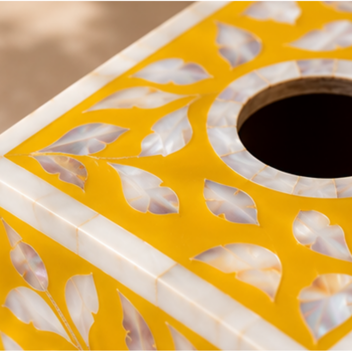 Saffron Gold mother of pearl inlay tissue box cover with handcrafted floral design decorative tissue holder
