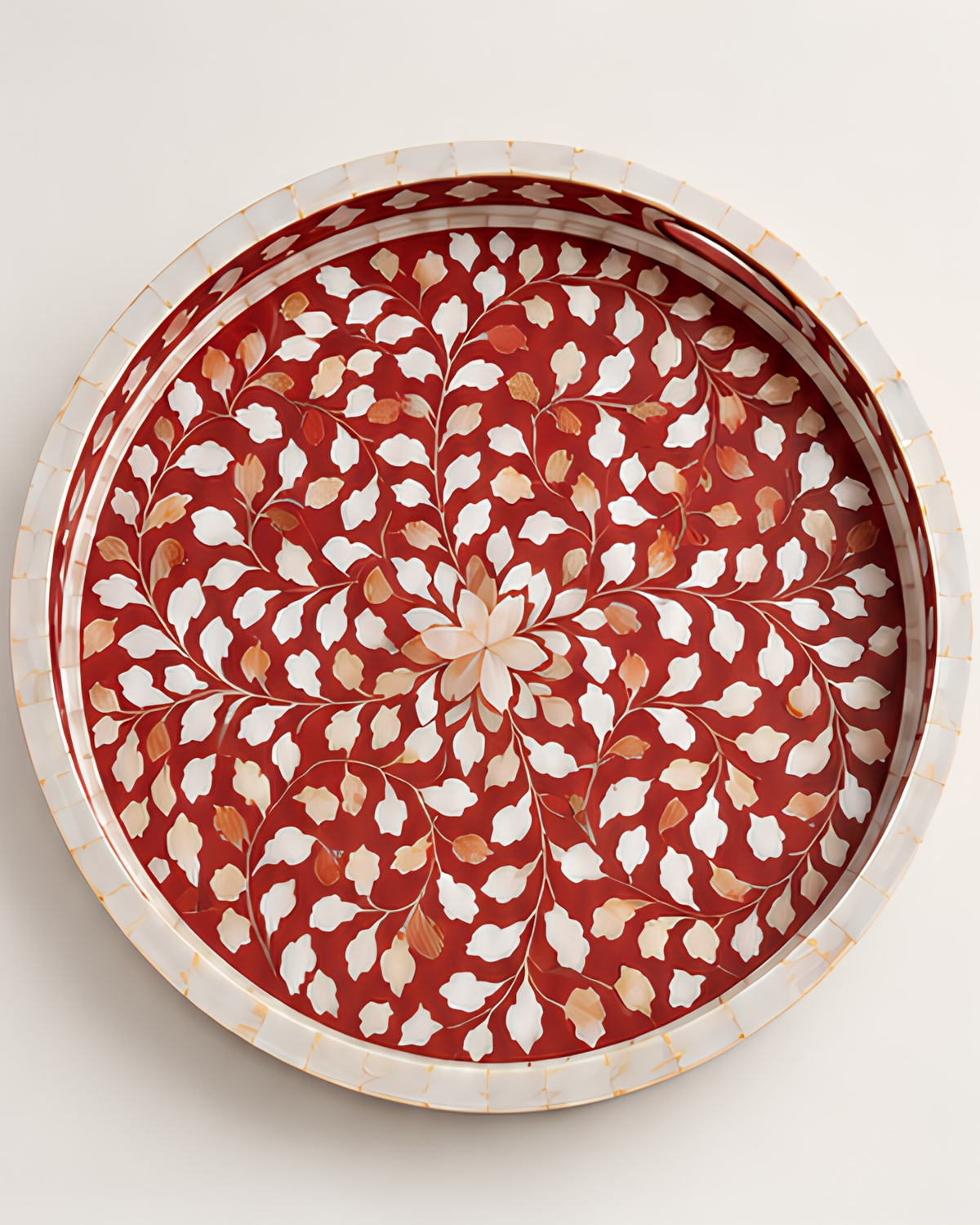 Ruby Red Mother of Pearl Inlay Round Serving Tray