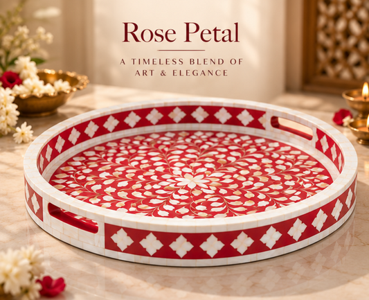Ruby Red Mother of Pearl Inlay Decorative Tray – Handcrafted Serving & Accent Tray