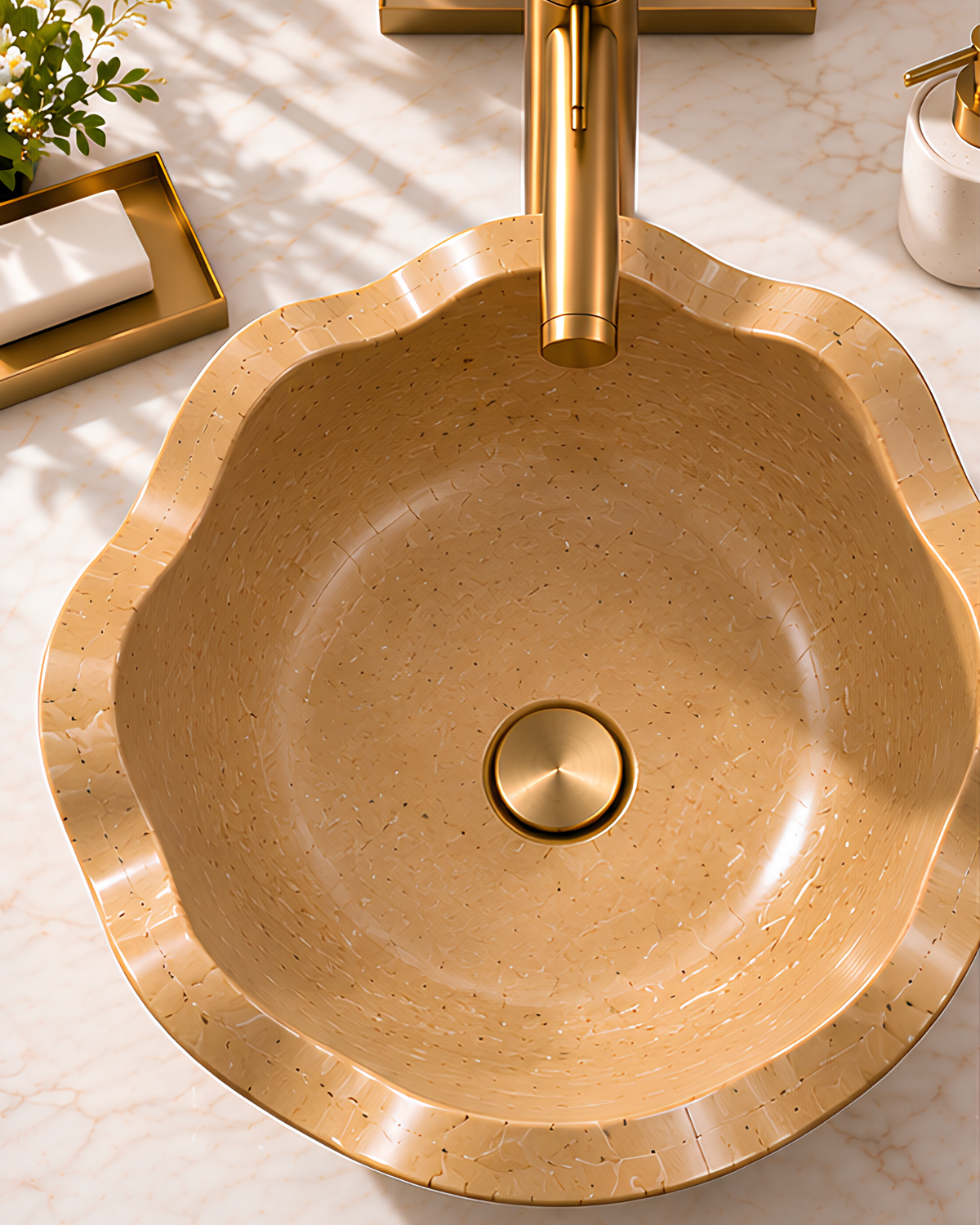 Jaisalmer Brown Fluted Stone Vessel Sink | Handcrafted Natural Stone Wash Basin