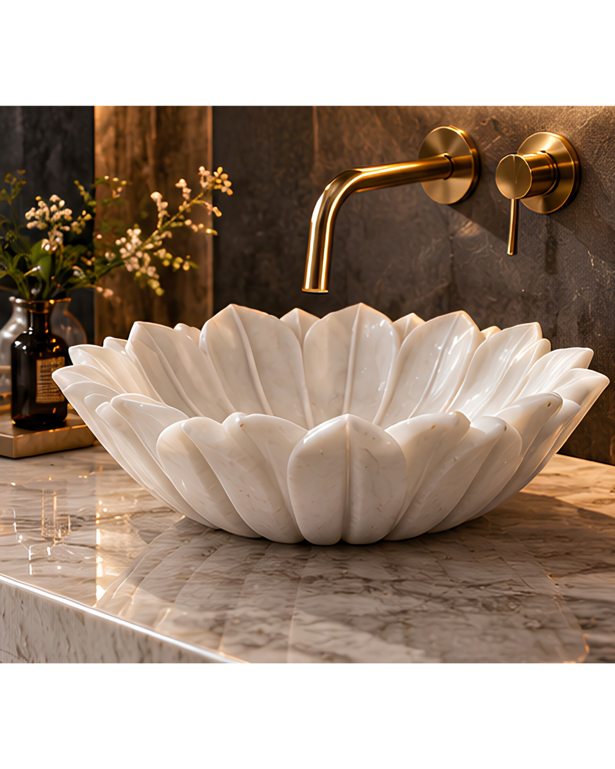 White Marble Floral Vessel Sink
