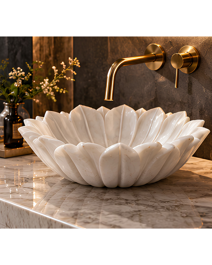 White Marble Floral Vessel Sink