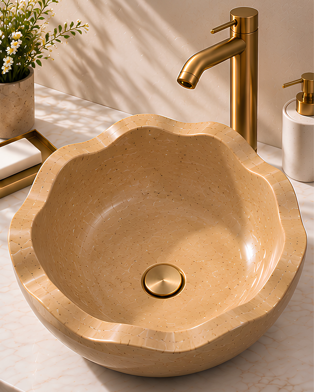 Jaisalmer Brown Fluted Stone Vessel Sink | Handcrafted Natural Stone Wash Basin