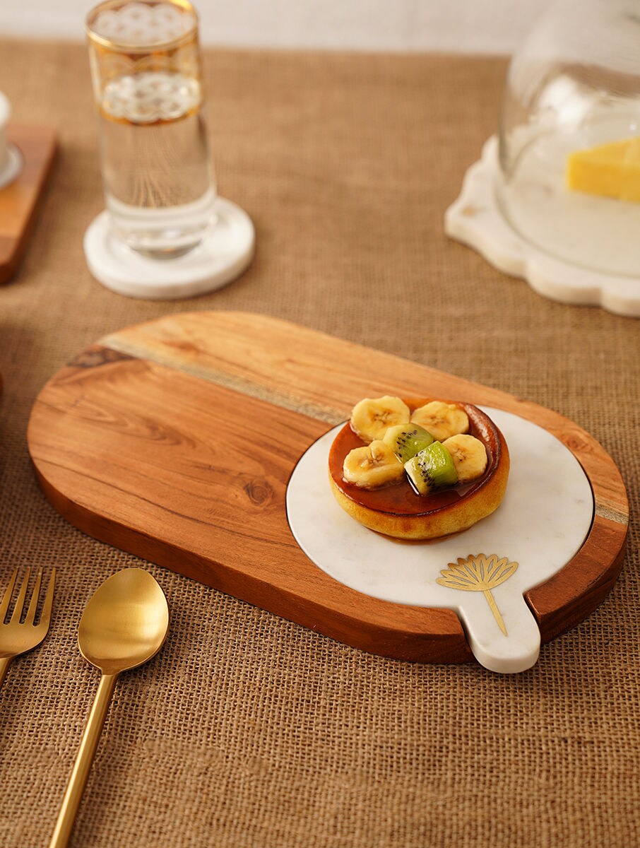 Wood and White Stone Serving Platter with Metal Floral Detail