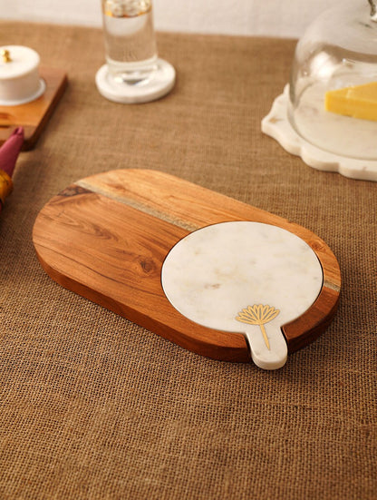 Wood and White Stone Serving Platter with Metal Floral Detail