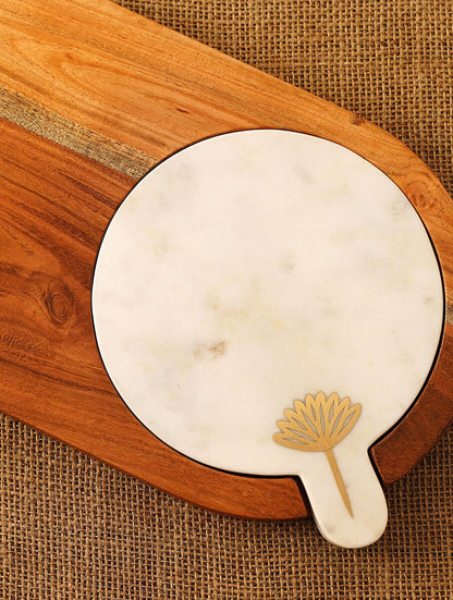 Wood and White Stone Serving Platter with Metal Floral Detail