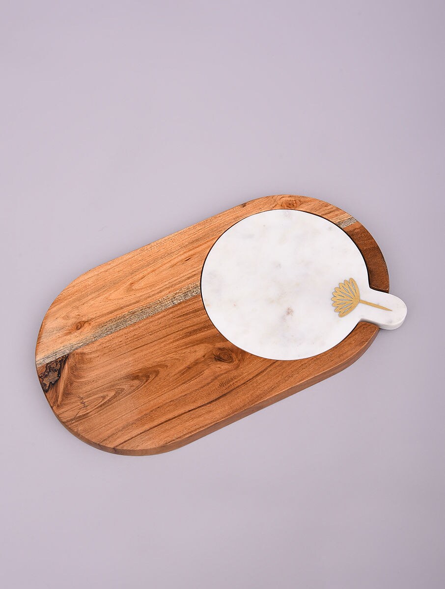 Wood and White Stone Serving Platter with Metal Floral Detail