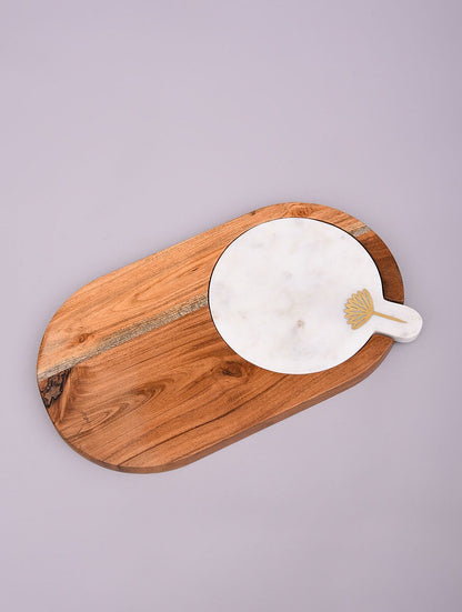 Wood and White Stone Serving Platter with Metal Floral Detail