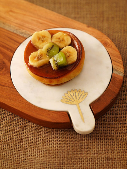 Wood and White Stone Serving Platter with Metal Floral Detail