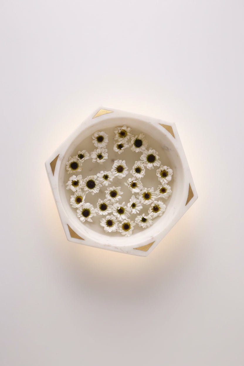 White Stone Geometric Decorative Bowl with Gold-Tone Accents