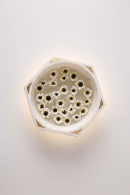 White Stone Geometric Decorative Bowl with Gold-Tone Accents