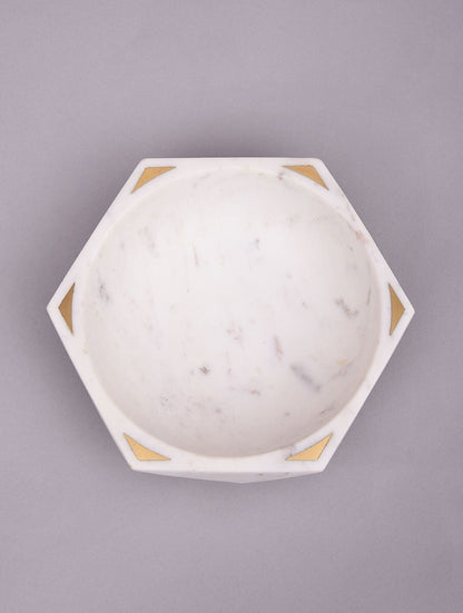 White Stone Geometric Decorative Bowl with Gold-Tone Accents