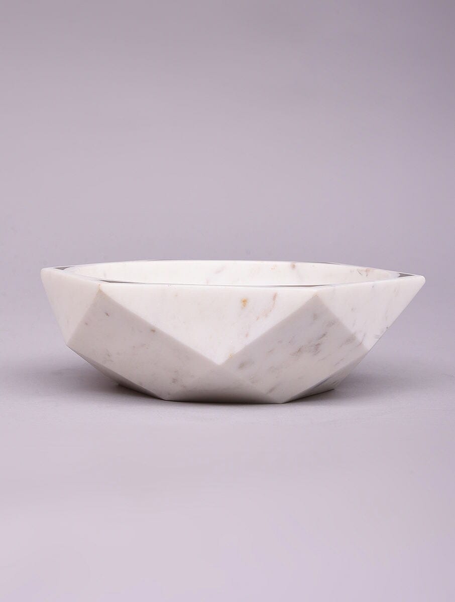 White Stone Geometric Decorative Bowl with Gold-Tone Accents