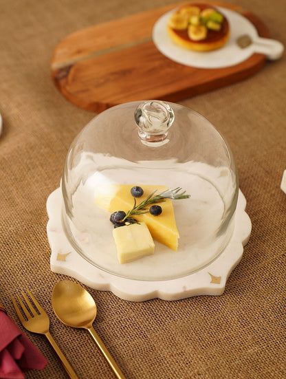 White Marble Cheese Cloche with Clear Dome Cover