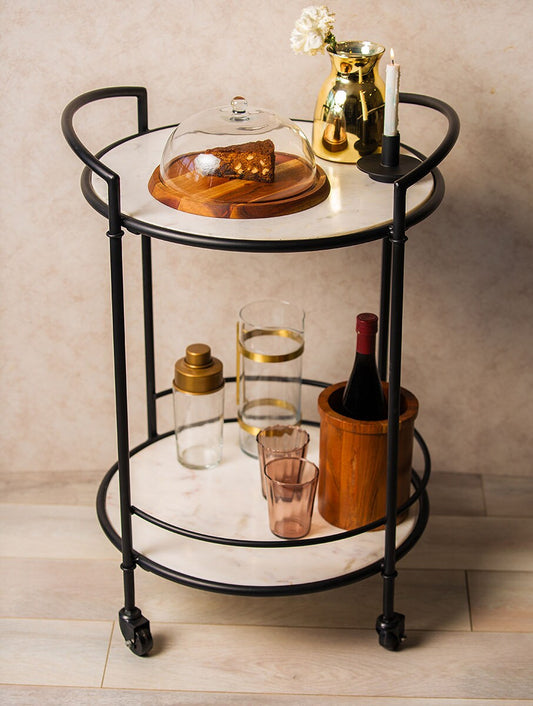 White Marble Two-Tier Rolling Serving Cart