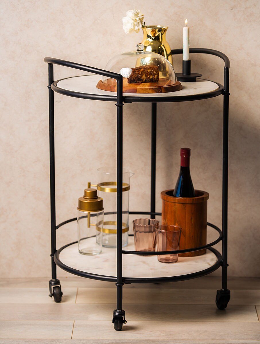 White Marble Two-Tier Rolling Serving Cart