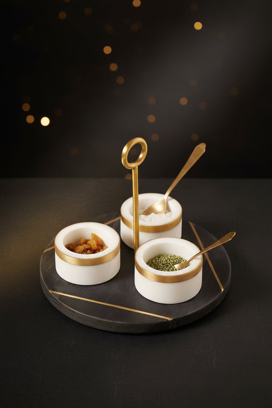 Black Marble Tray with White Marble Condiment Jars