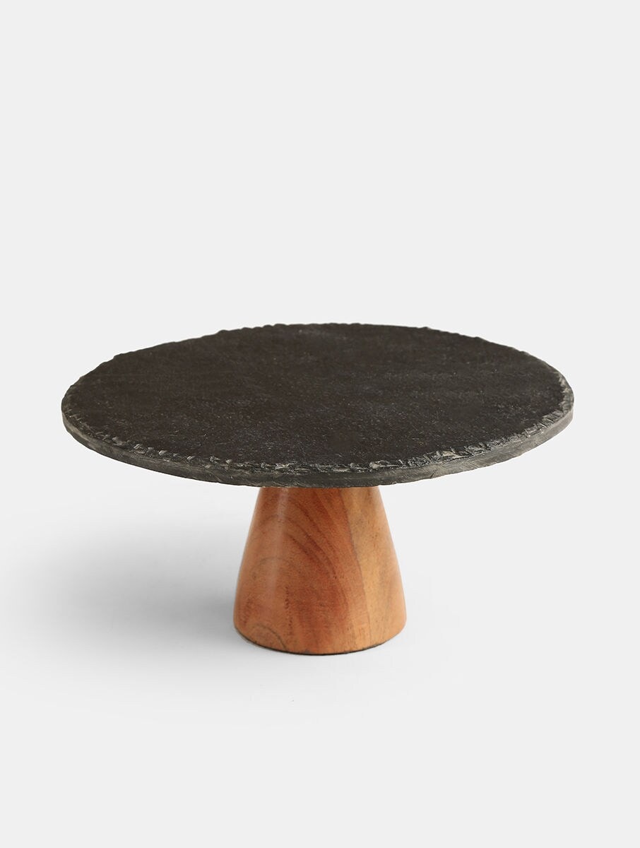 Black Marble Cake Stand With Wooden Base
