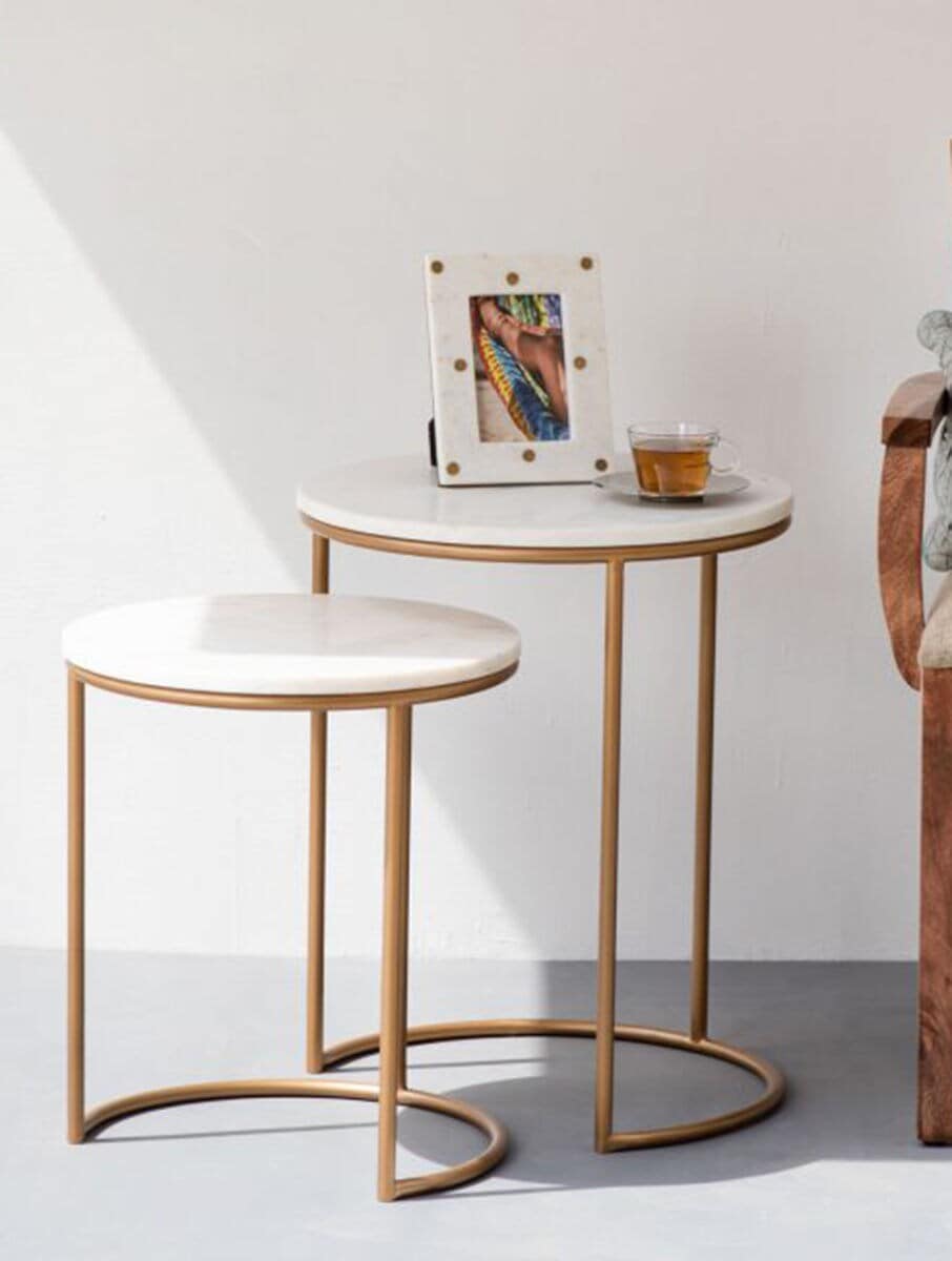 Round White Stone Side Table with Gold-Tone Metal Frame