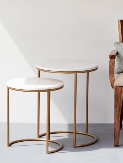 Round White Stone Side Table with Gold-Tone Metal Frame