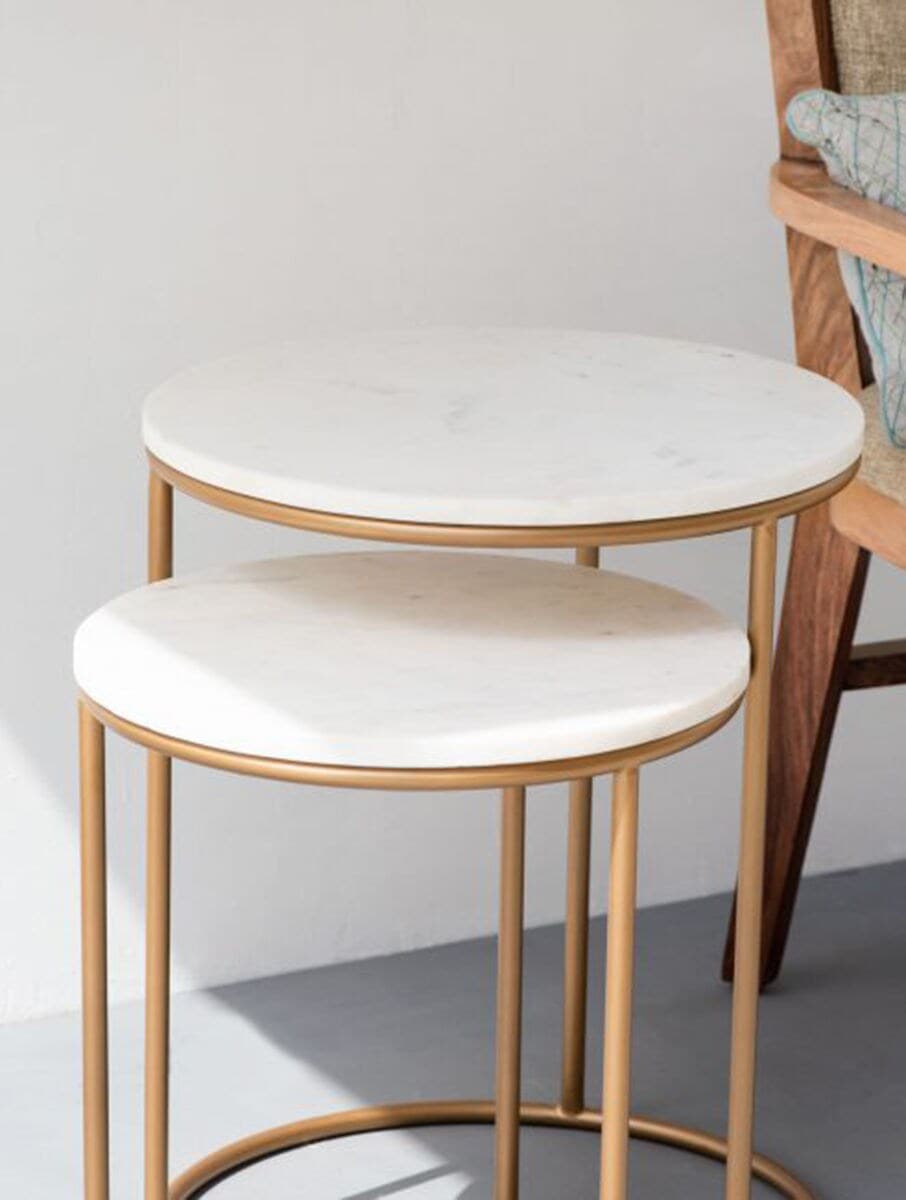Round White Stone Side Table with Gold-Tone Metal Frame