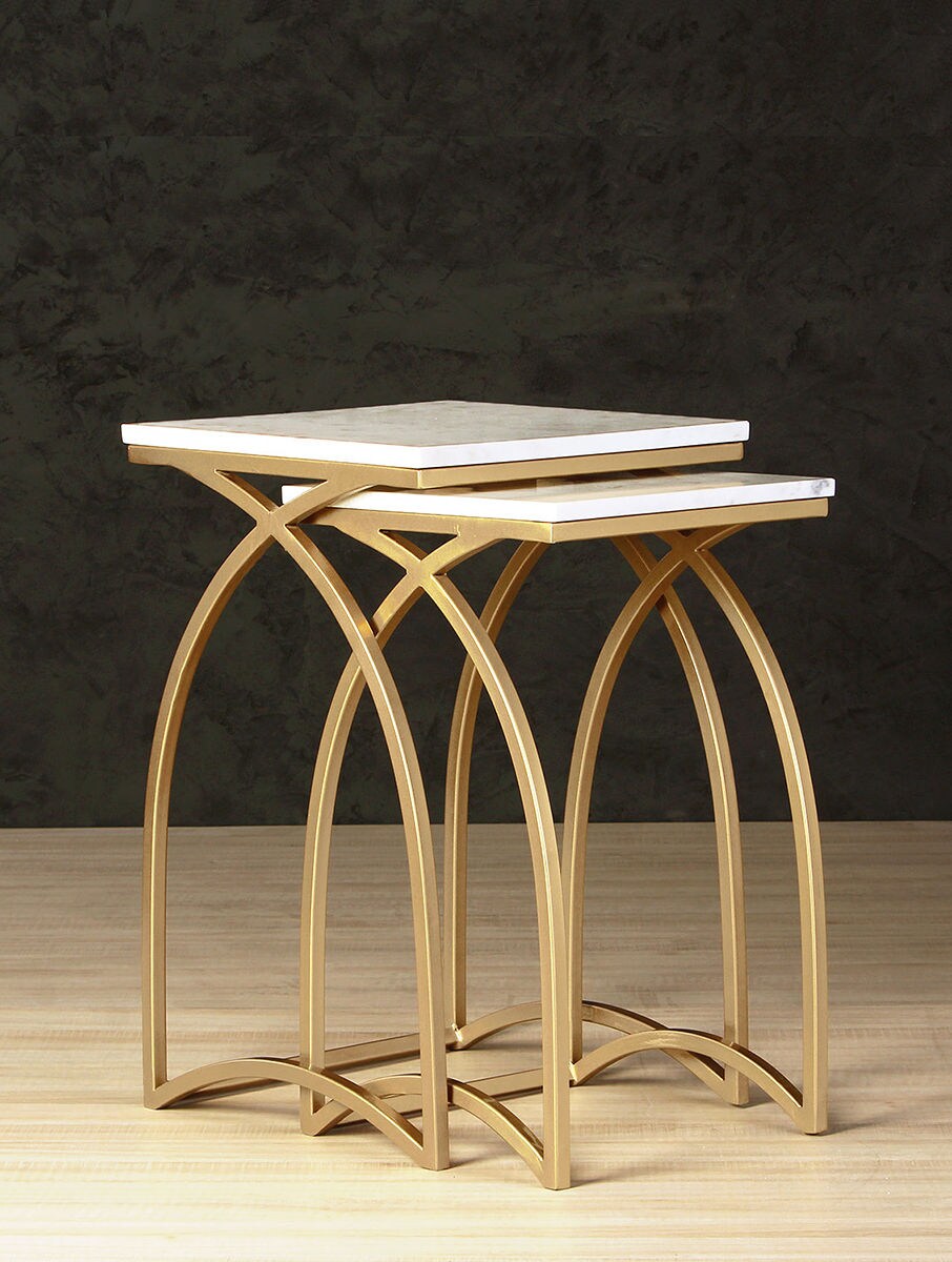 Square White Stone Side Table with Gold Arch Frame (Combo of Two)