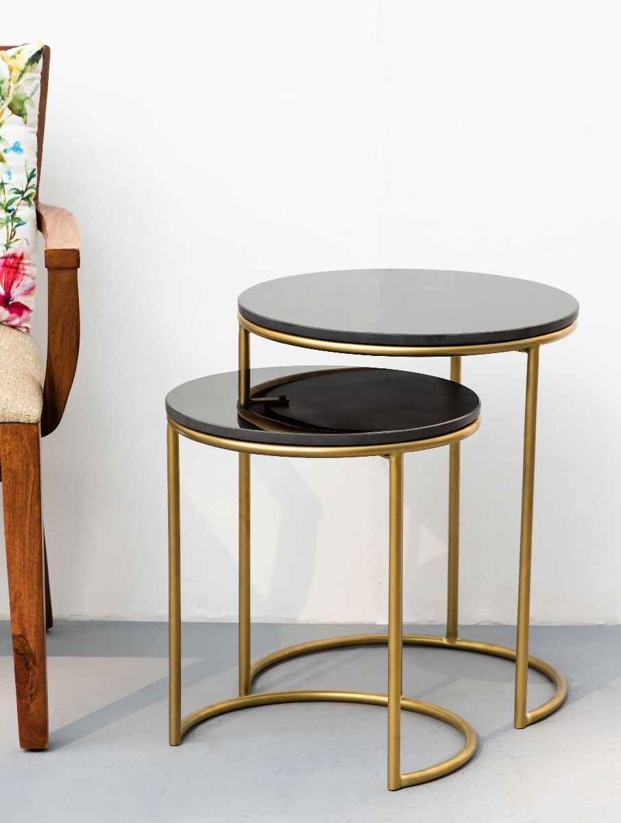 Black Marble Nesting Side Tables with Metal Bases – Set of Two