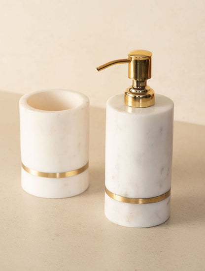 White Marble Bathroom Set with Dispenser, Tumbler and Tray