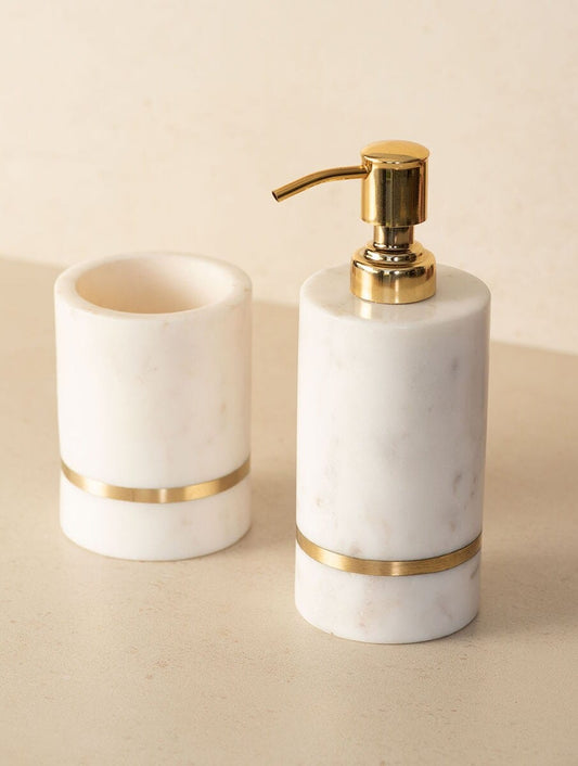 White Marble Bathroom Set with Dispenser, Tumbler and Tray