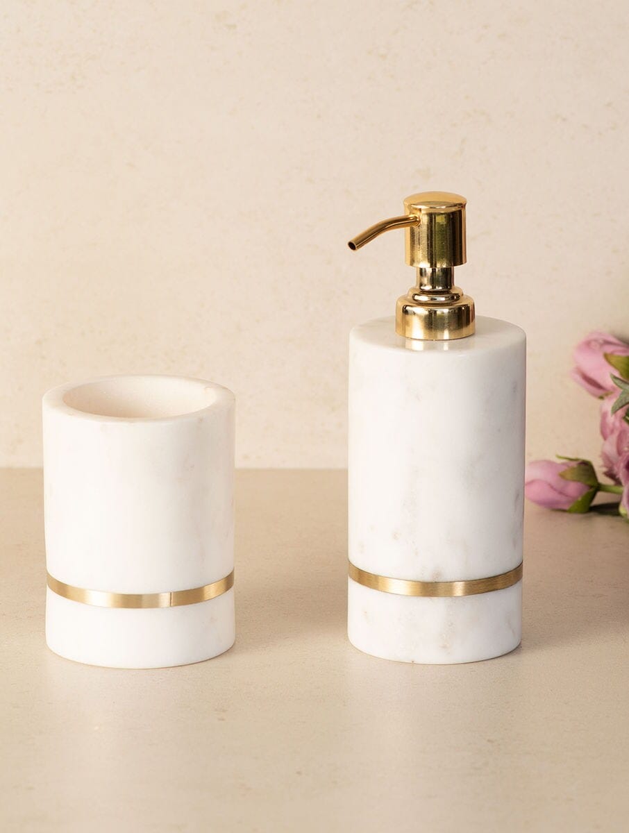 White Marble Bathroom Set with Dispenser, Tumbler and Tray