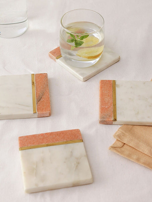 White and Coral Stone Coasters with Gold-Tone Detail – Set of 4
