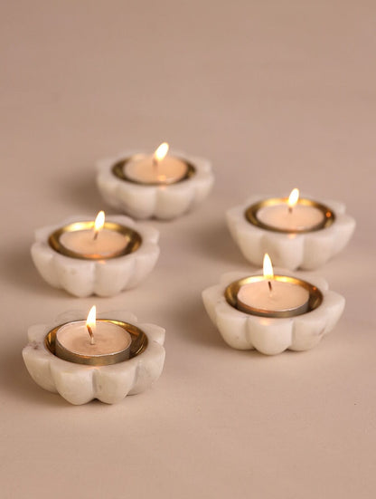 White Marble Flower Candle Holders with Metal Inlay