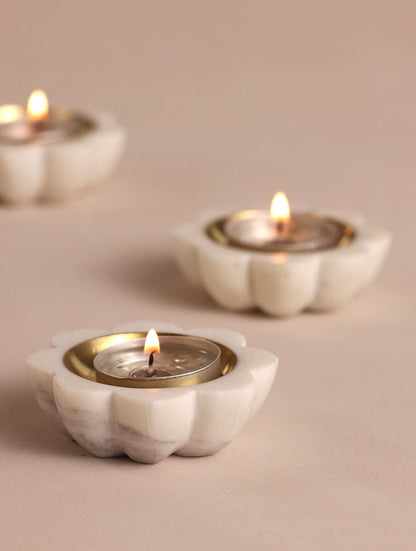 White Marble Flower Candle Holders with Metal Inlay