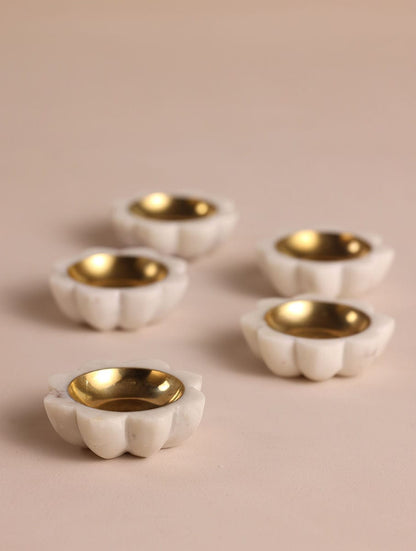 White Marble Flower Candle Holders with Metal Inlay