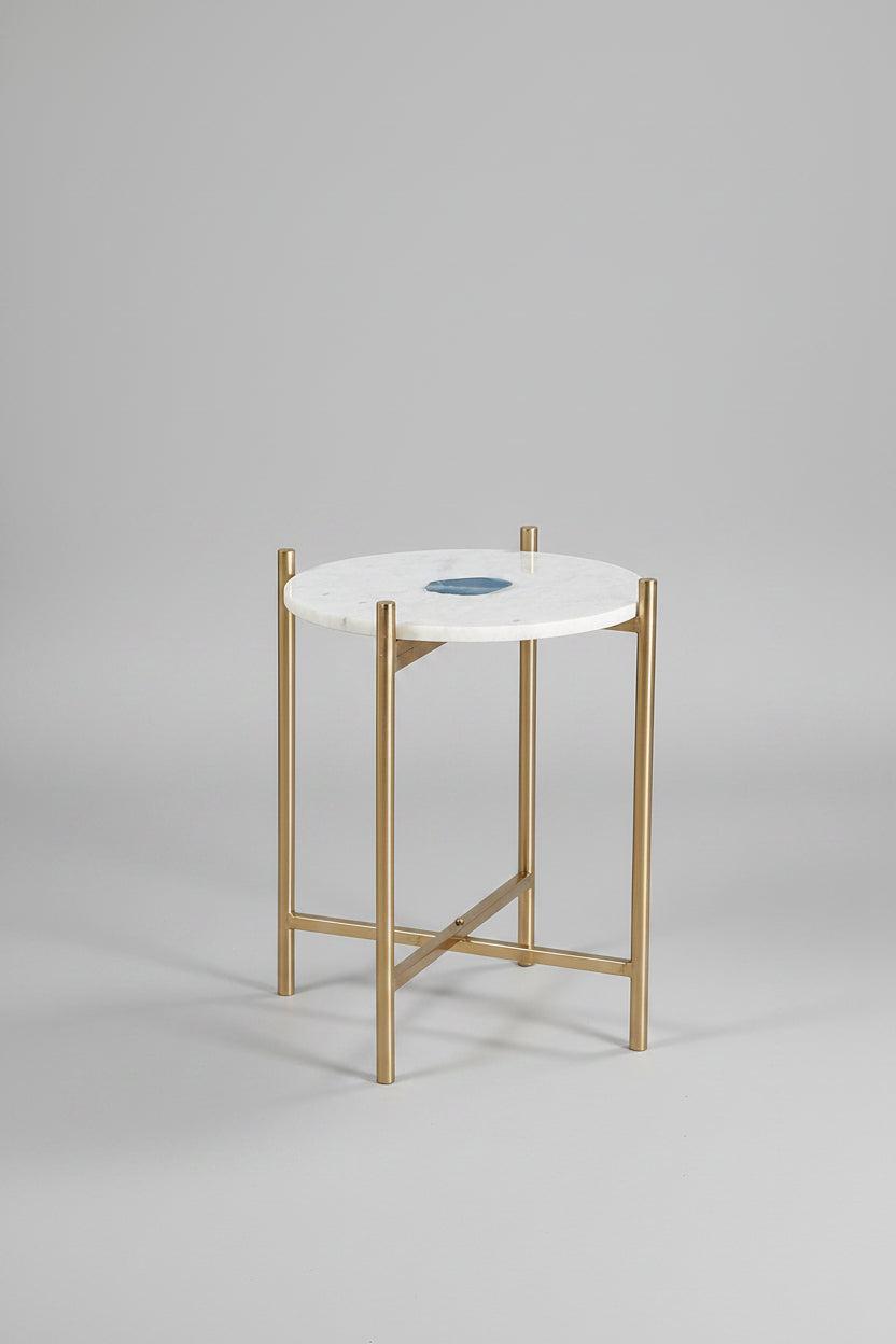 White Marble and Agate Side Table with Metal Base