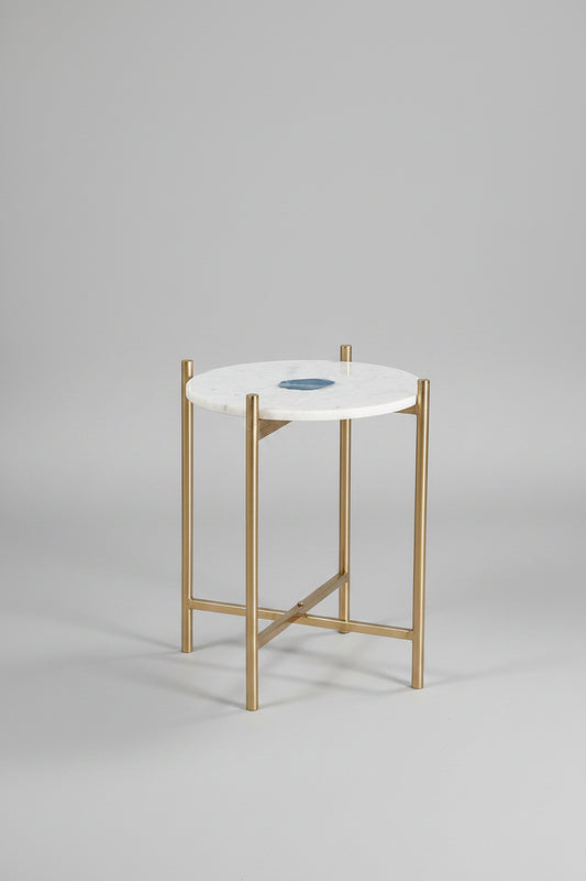 White Marble and Agate Side Table with Metal Base