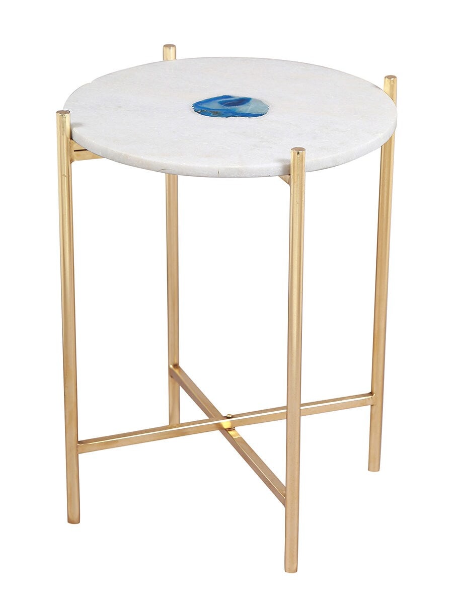 White Marble and Agate Side Table with Metal Base