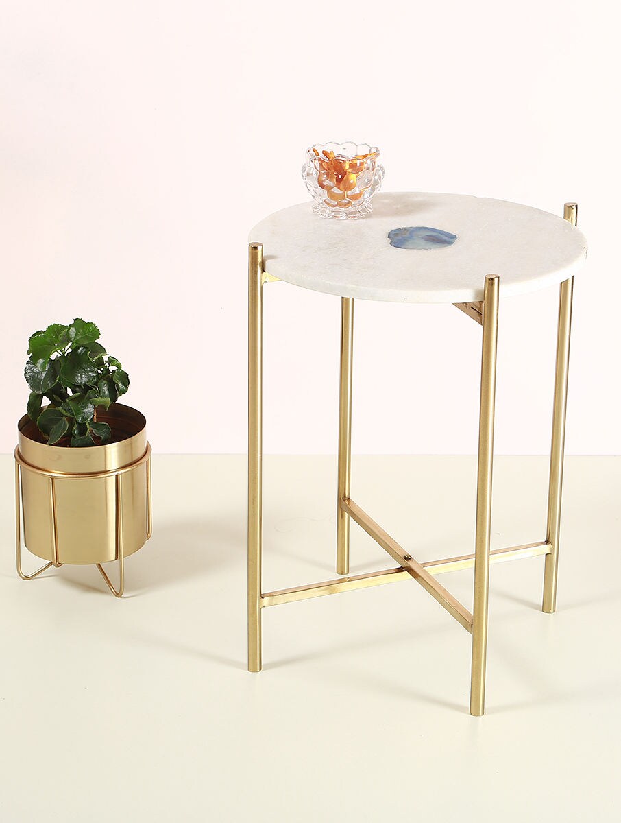 White Marble and Agate Side Table with Metal Base