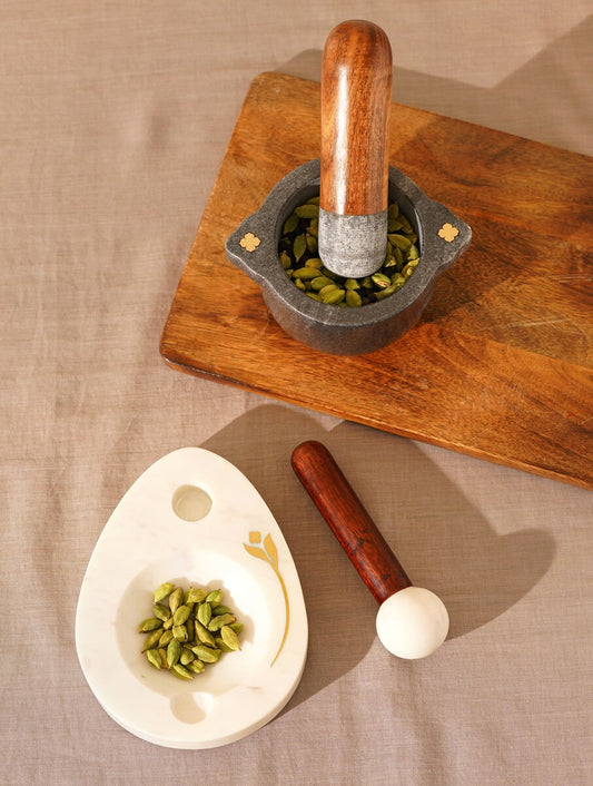 White and Black Stone Mortar and Pestle Set with Wooden Handles
