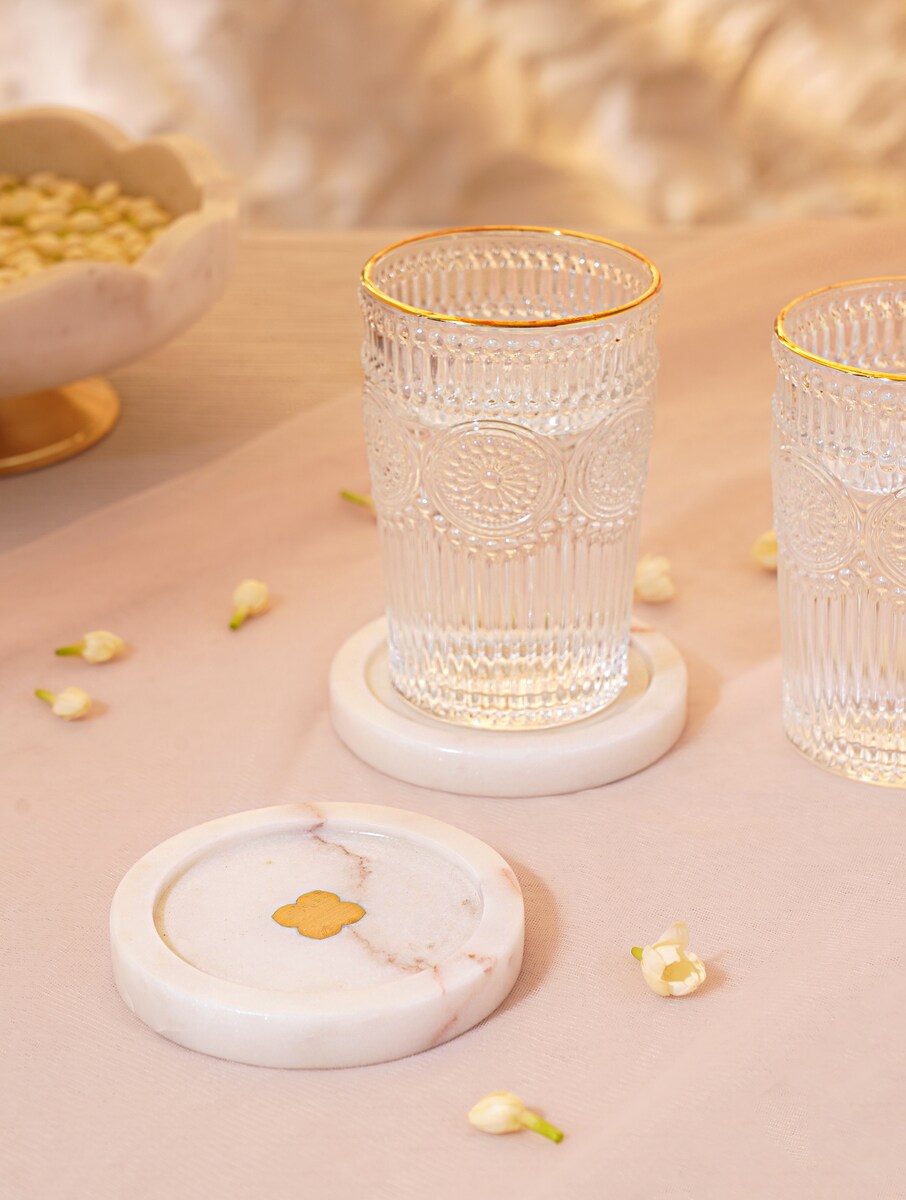 White Marble Floral Coasters with Metal Inlay – Set of 2