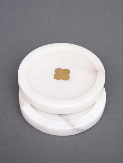 White Marble Floral Coasters with Metal Inlay – Set of 2