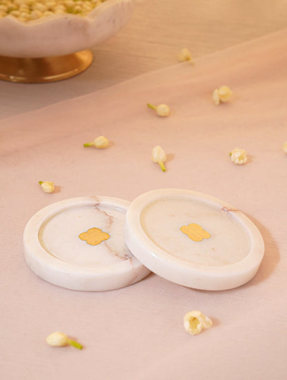 White Marble Floral Coasters with Metal Inlay – Set of 2