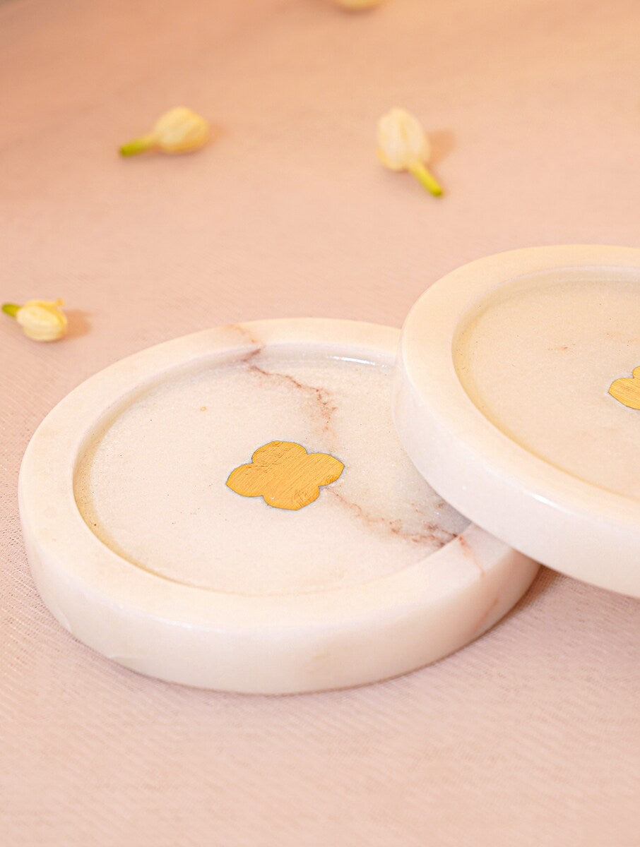 White Marble Floral Coasters with Metal Inlay – Set of 2