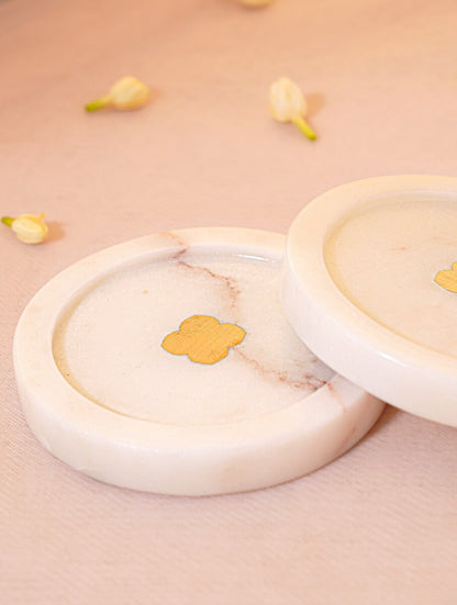White Marble Floral Coasters with Metal Inlay – Set of 2