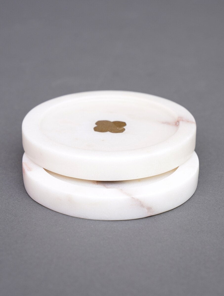 White Marble Floral Coasters with Metal Inlay – Set of 2