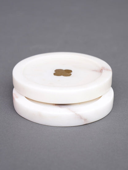 White Marble Floral Coasters with Metal Inlay – Set of 2