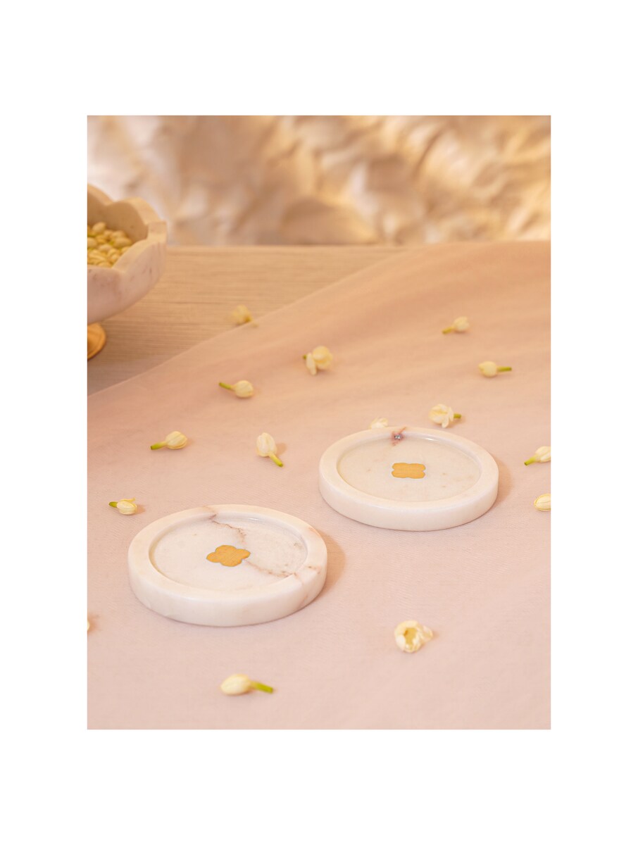White Marble Floral Coasters with Metal Inlay – Set of 2