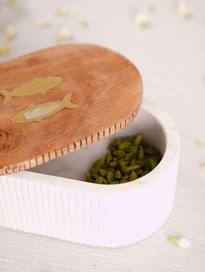White Stone Fluted Storage Box with Wooden Lid
